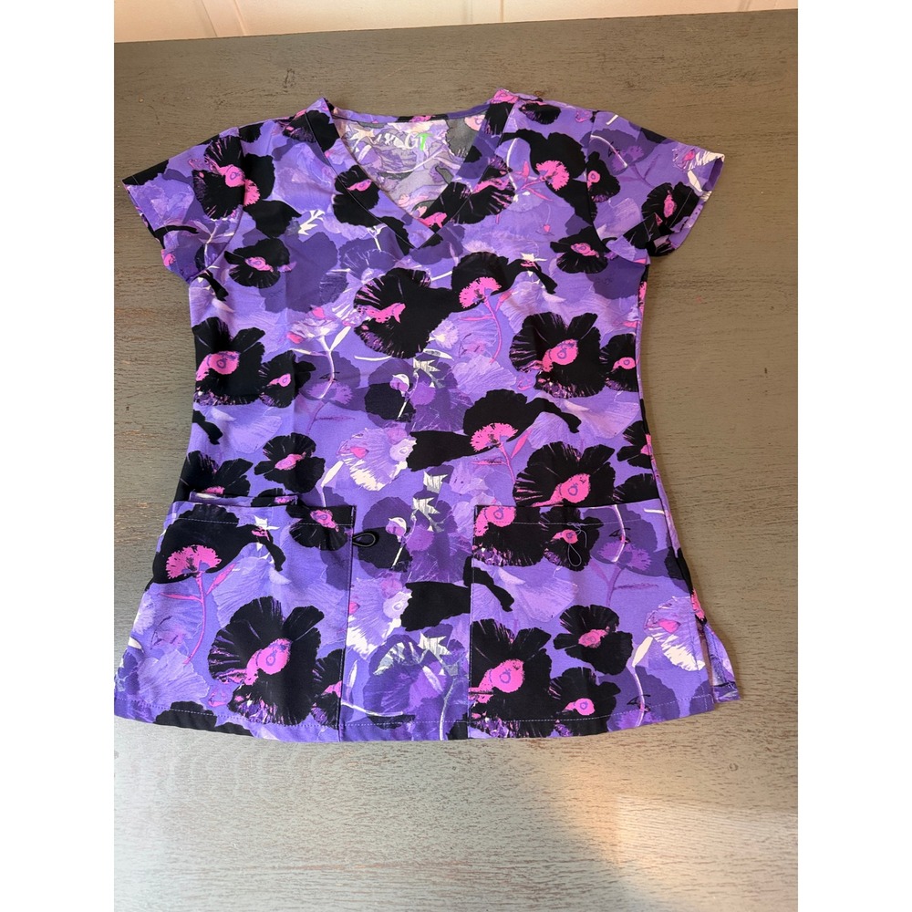 GT Performance Scrub Top Purple Floral Print V-Neck Short Sleeve Small